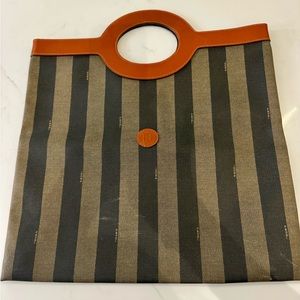Fendi Pequin Tote  Brown and Tan classic stripe with leather trim and handles.